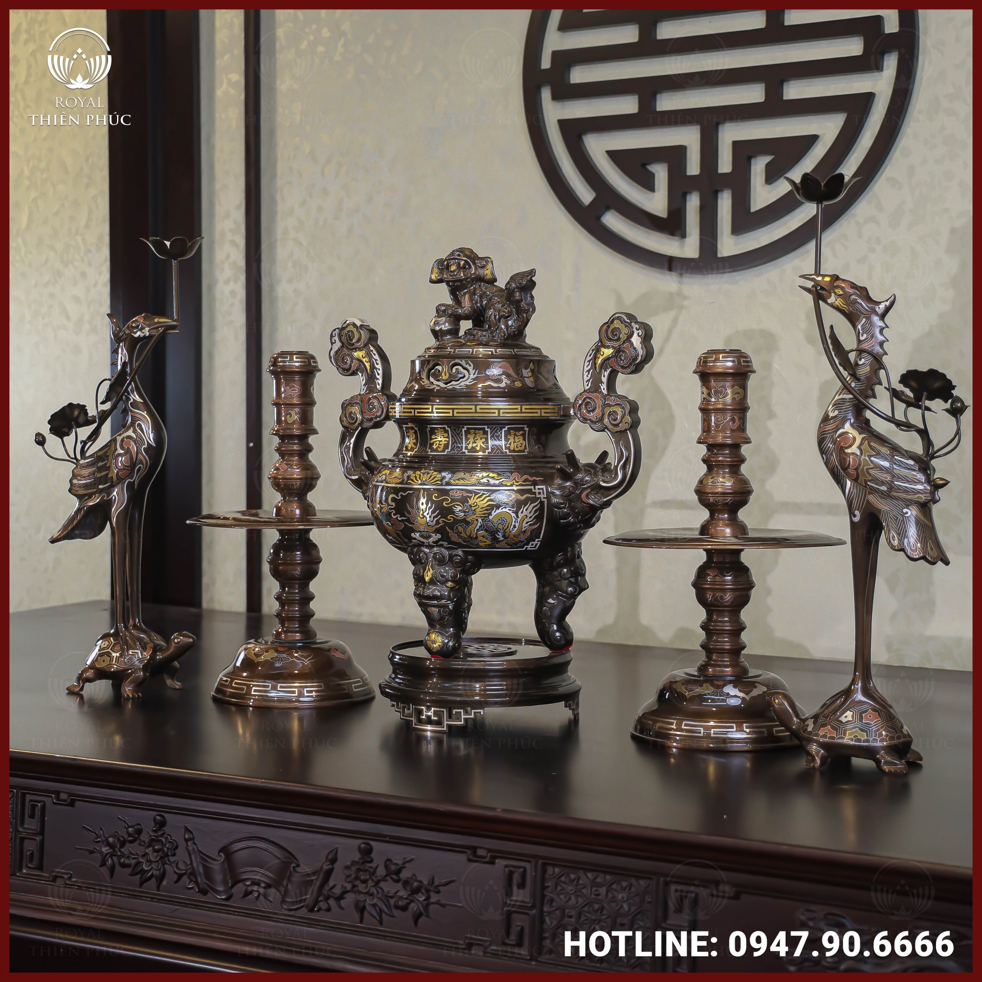 Bộ ngũ sự đồng đỏ khảm ngũ sắc song long chầu nguyệt cao 50cm 