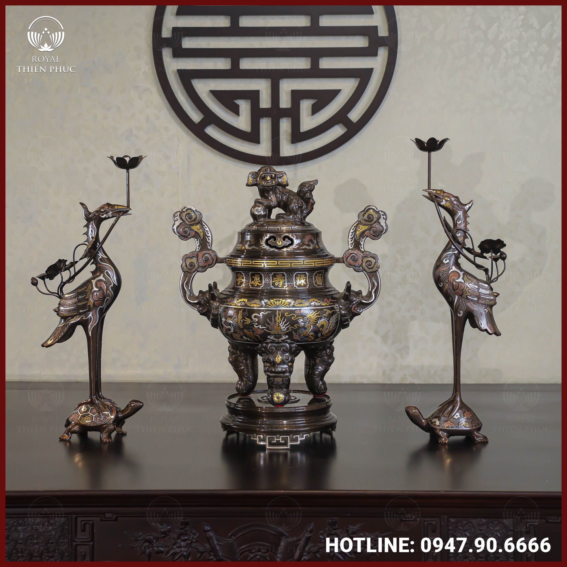 Bộ tam sự hạc đồng đỏ khảm ngũ sắc song long chầu nguyệt cao 50cm