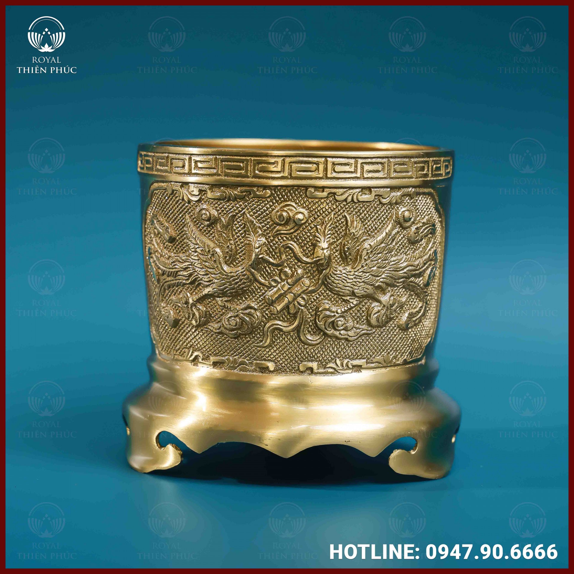 Bát hương rồng đồng vàng mộc 14cm