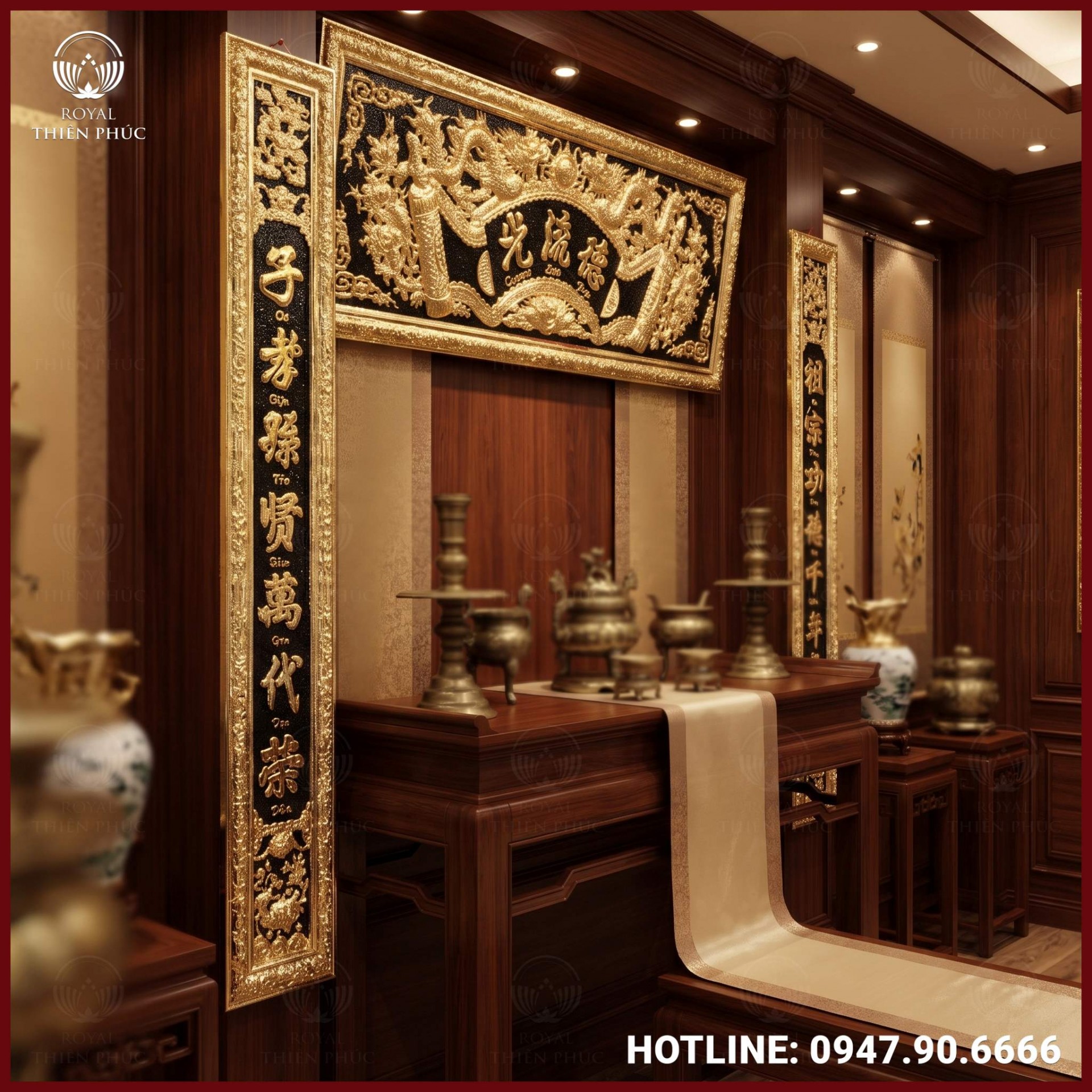 Bộ hoành phi câu đối đồng vàng giả cổ 1m97 tinh xảo