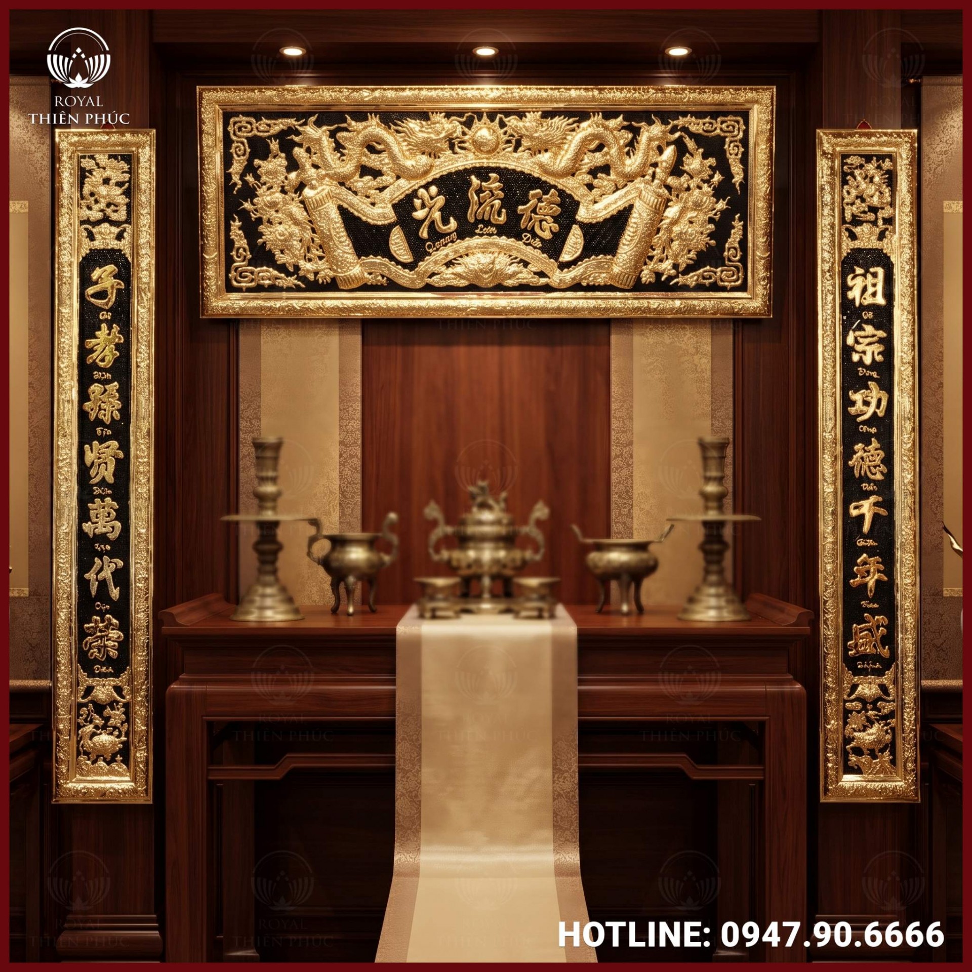 Bộ hoành phi câu đối đồng vàng giả cổ 1m97 tinh xảo
