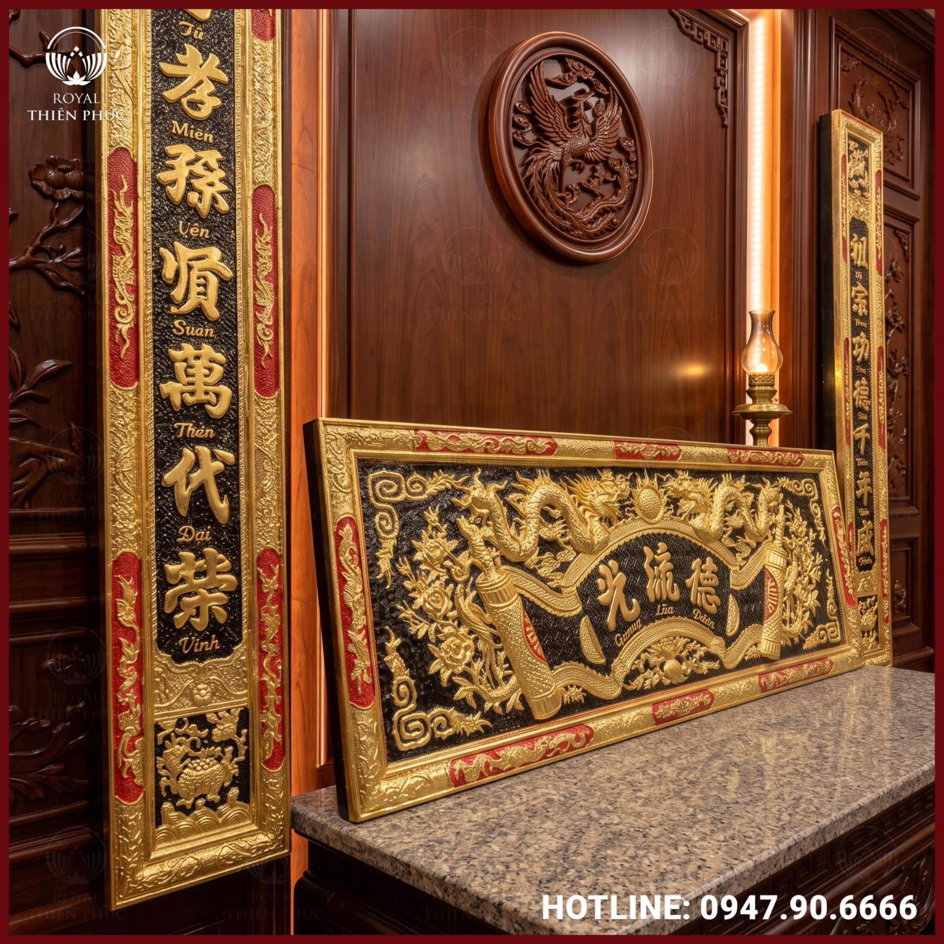 Bộ hoành phi và đại tự câu đối sơn màu