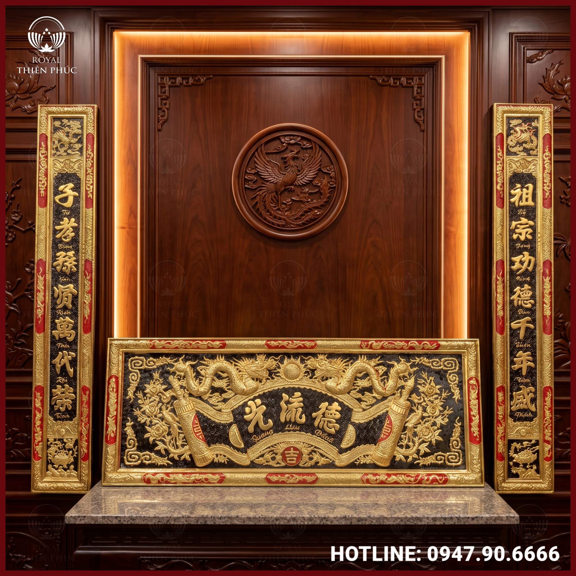 Bộ hoành phi và đại tự câu đối sơn màu