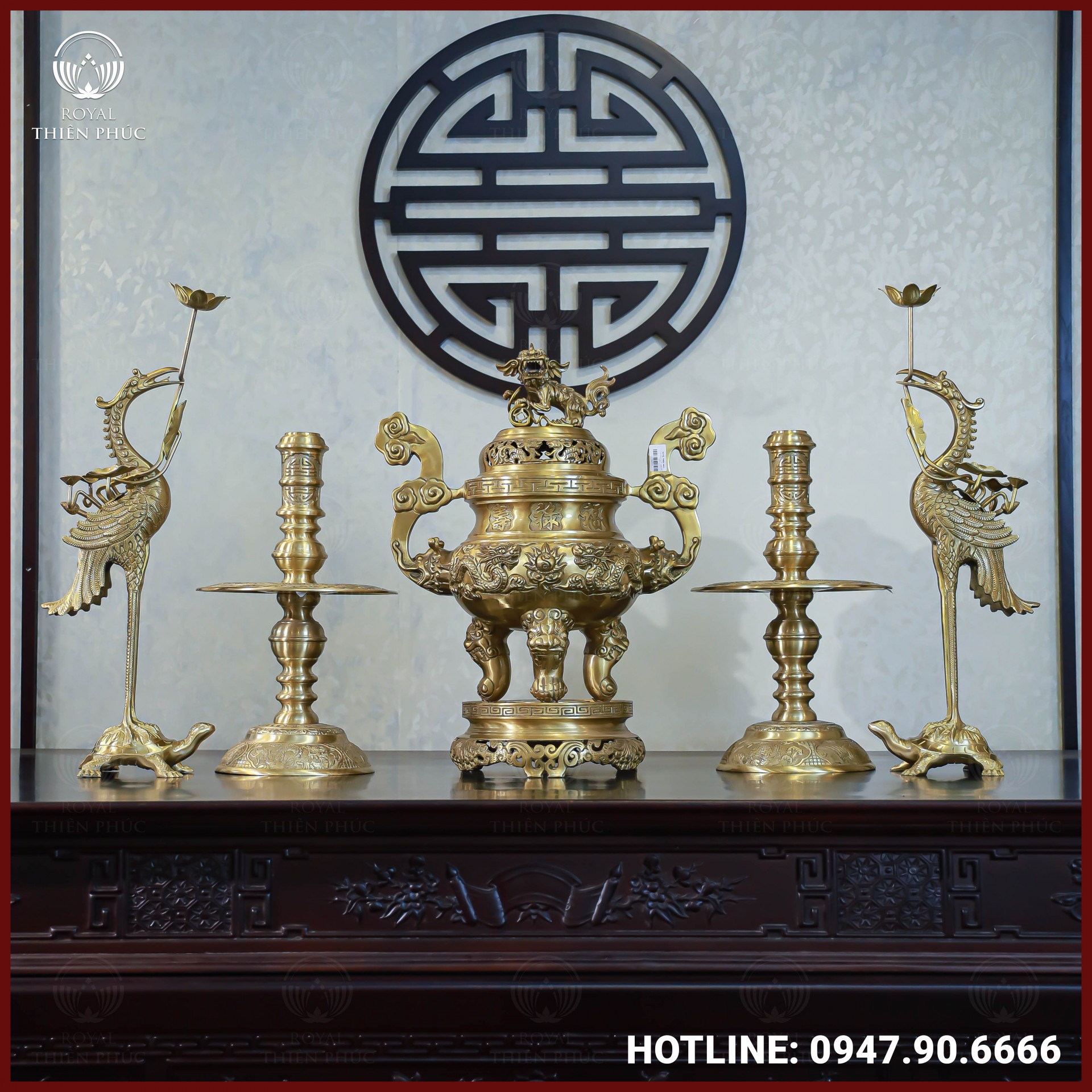 Bộ ngũ sự đồng vàng mộc song long chầu nguyệt 60cm
