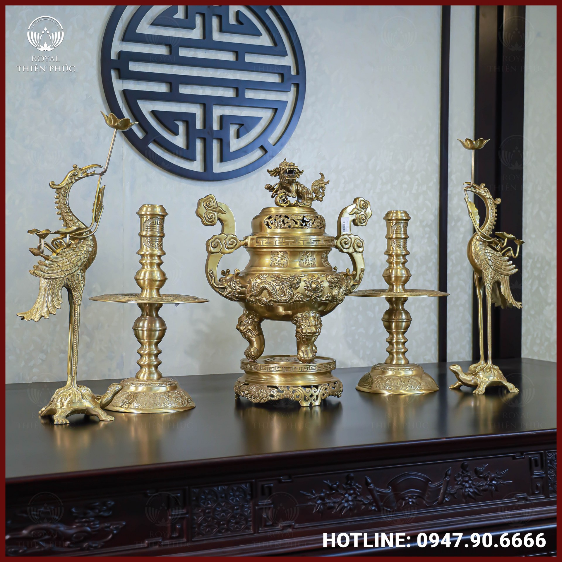 Bộ ngũ sự đồng vàng mộc song long chầu nguyệt 60cm