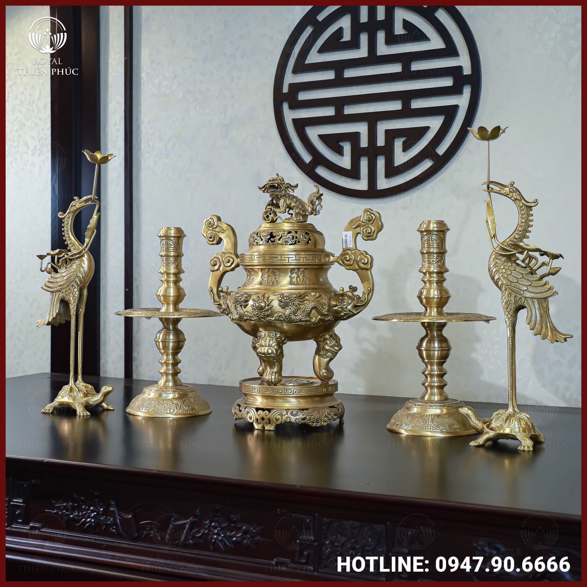 Bộ ngũ sự đồng vàng mộc song long chầu nguyệt 60cm