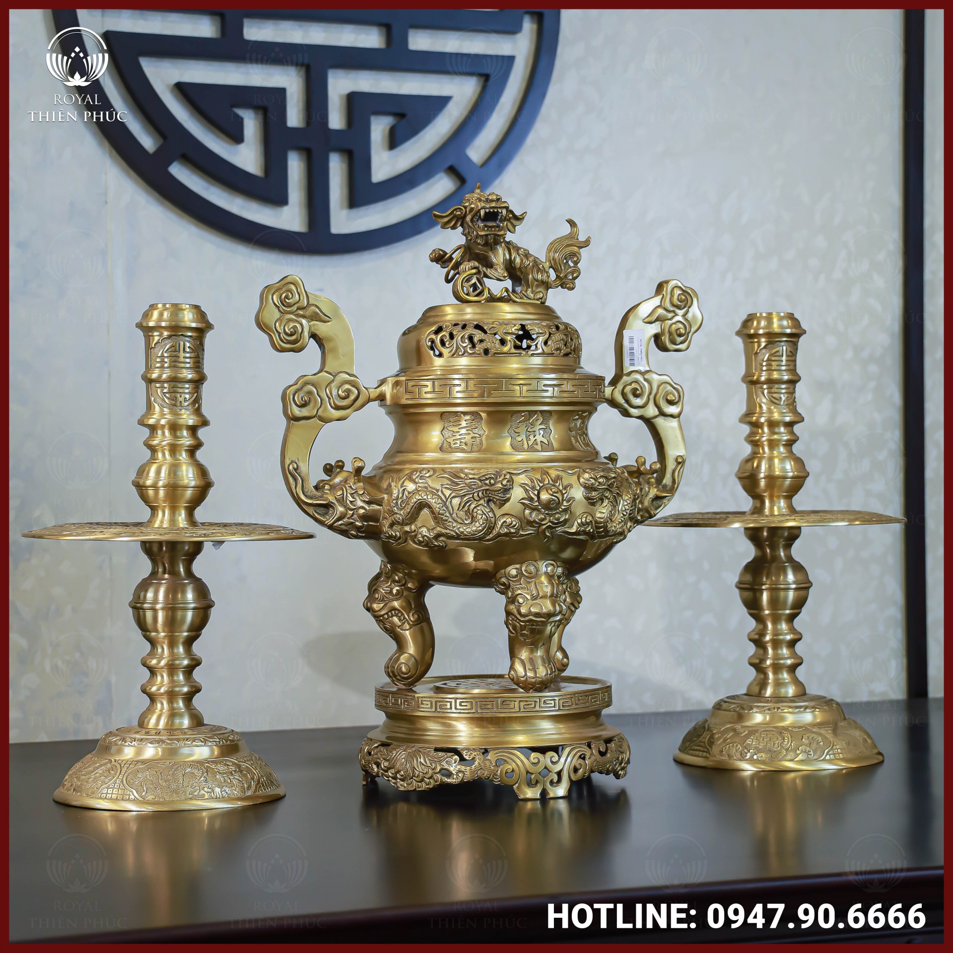Bộ tam sự nến đồng vàng mộc song long chầu nguyệt 60cm