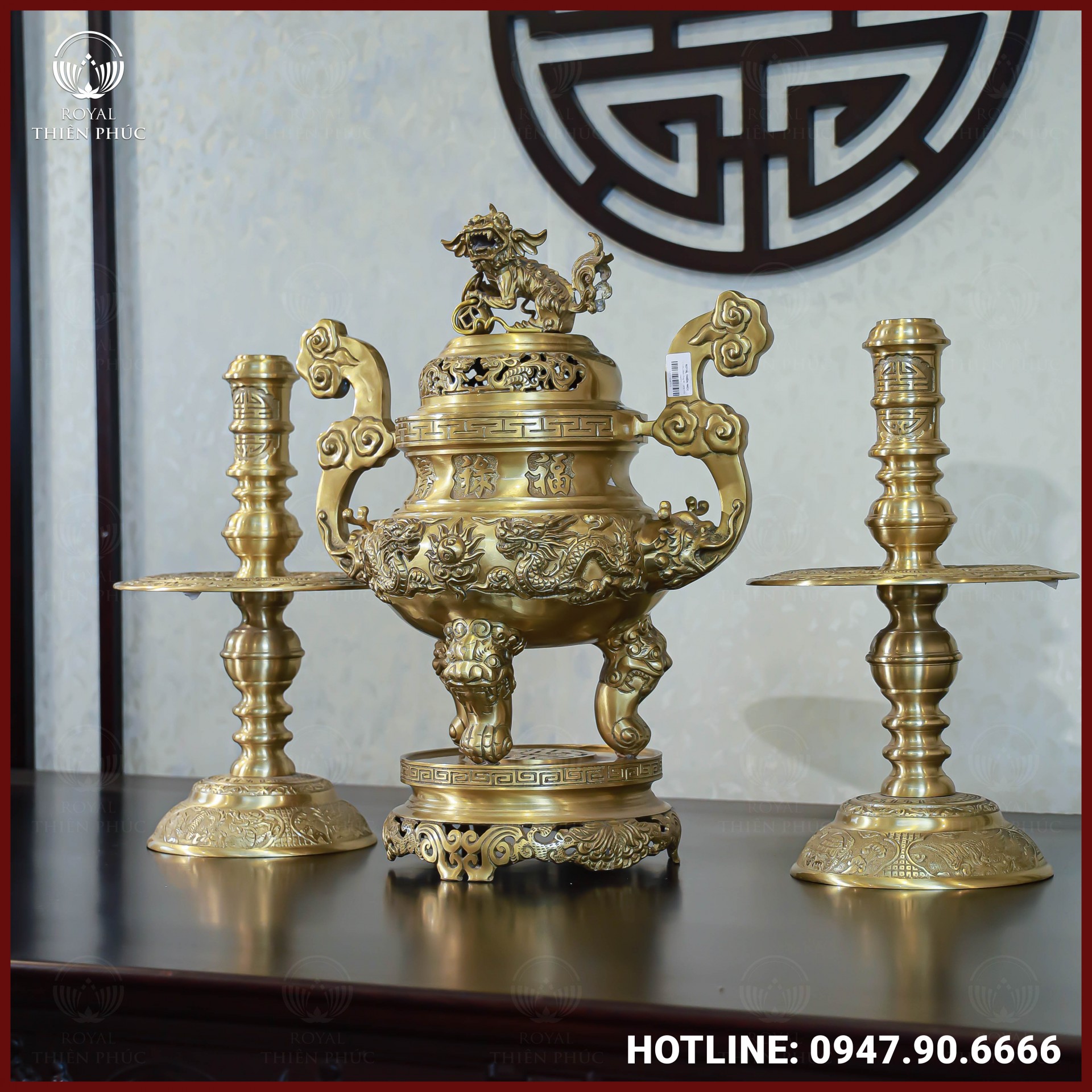 Bộ tam sự nến đồng vàng mộc song long chầu nguyệt 60cm