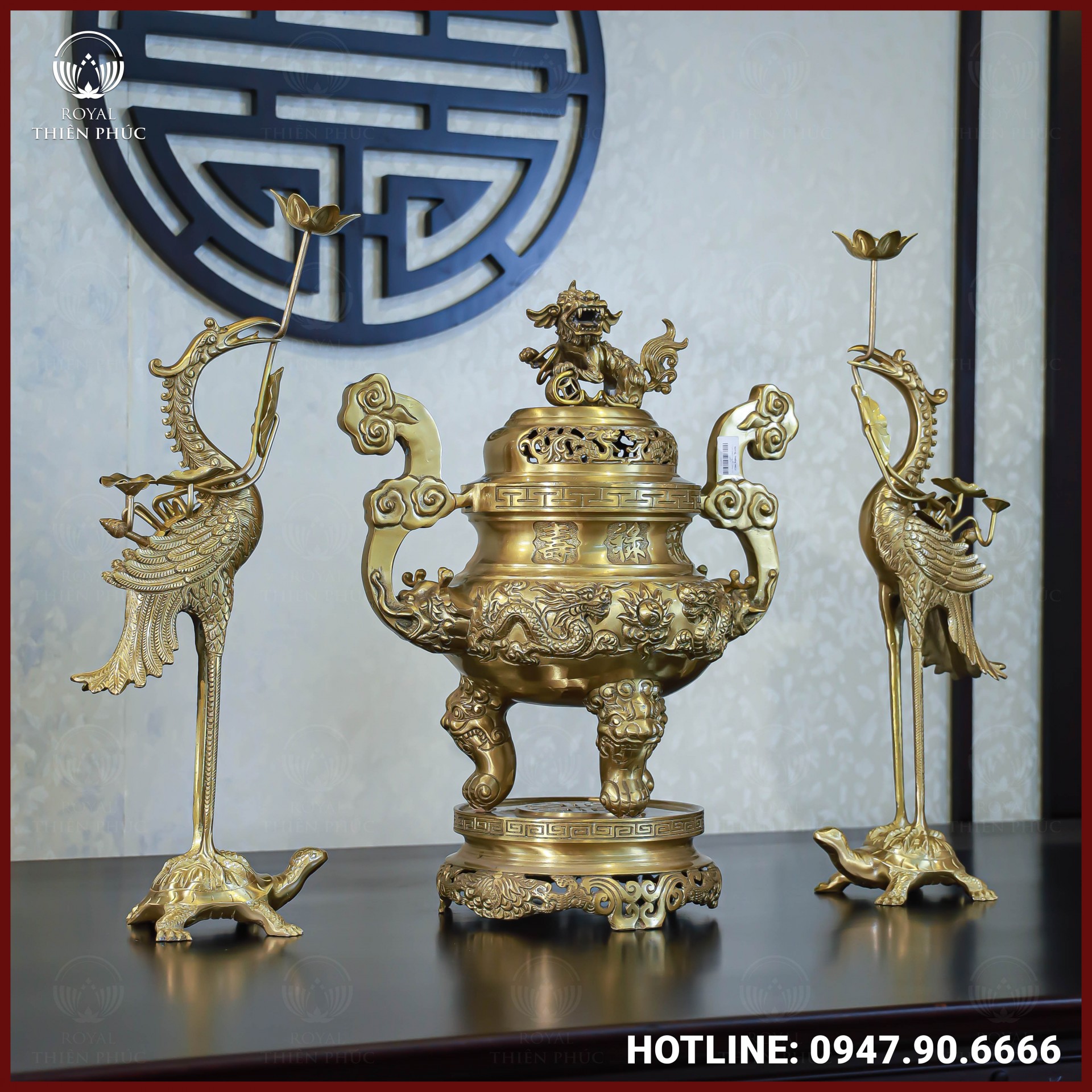 Bộ tam sự hạc đồng vàng mộc song long chầu nguyệt 60cm