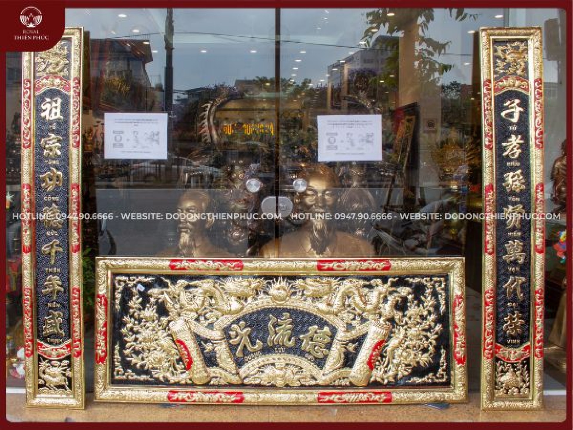 Đại tự câu đối đồng vàng sơn đen và đỏ