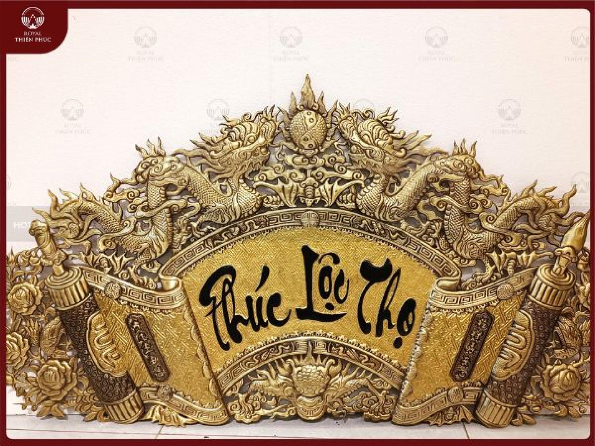 Cuốn thư câu đối Phúc Lộc Thọ đồng vàng giả cổ