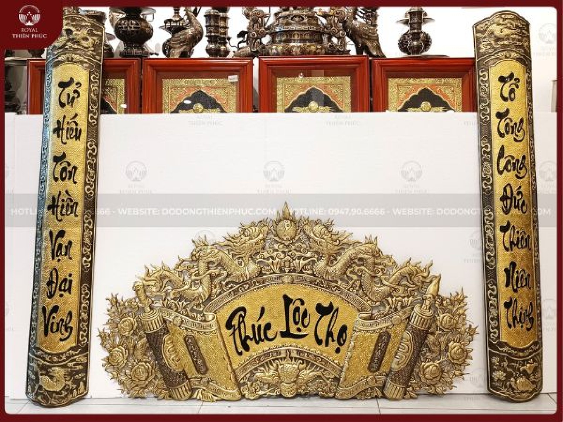 Cuốn thư câu đối Phúc Lộc Thọ đồng vàng giả cổ