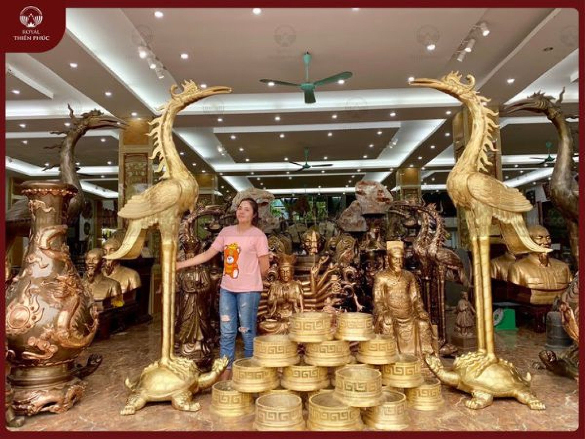 Đôi hạc thờ đồng vàng mộc cao 3m