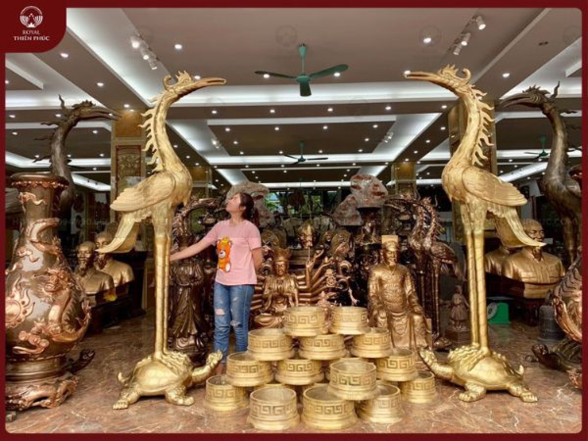 Đôi hạc thờ đồng vàng mộc cao 3m