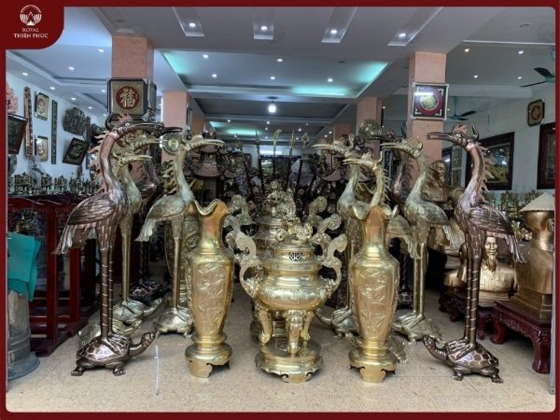 Hạc thờ đồng đỏ cạo màu 1m92