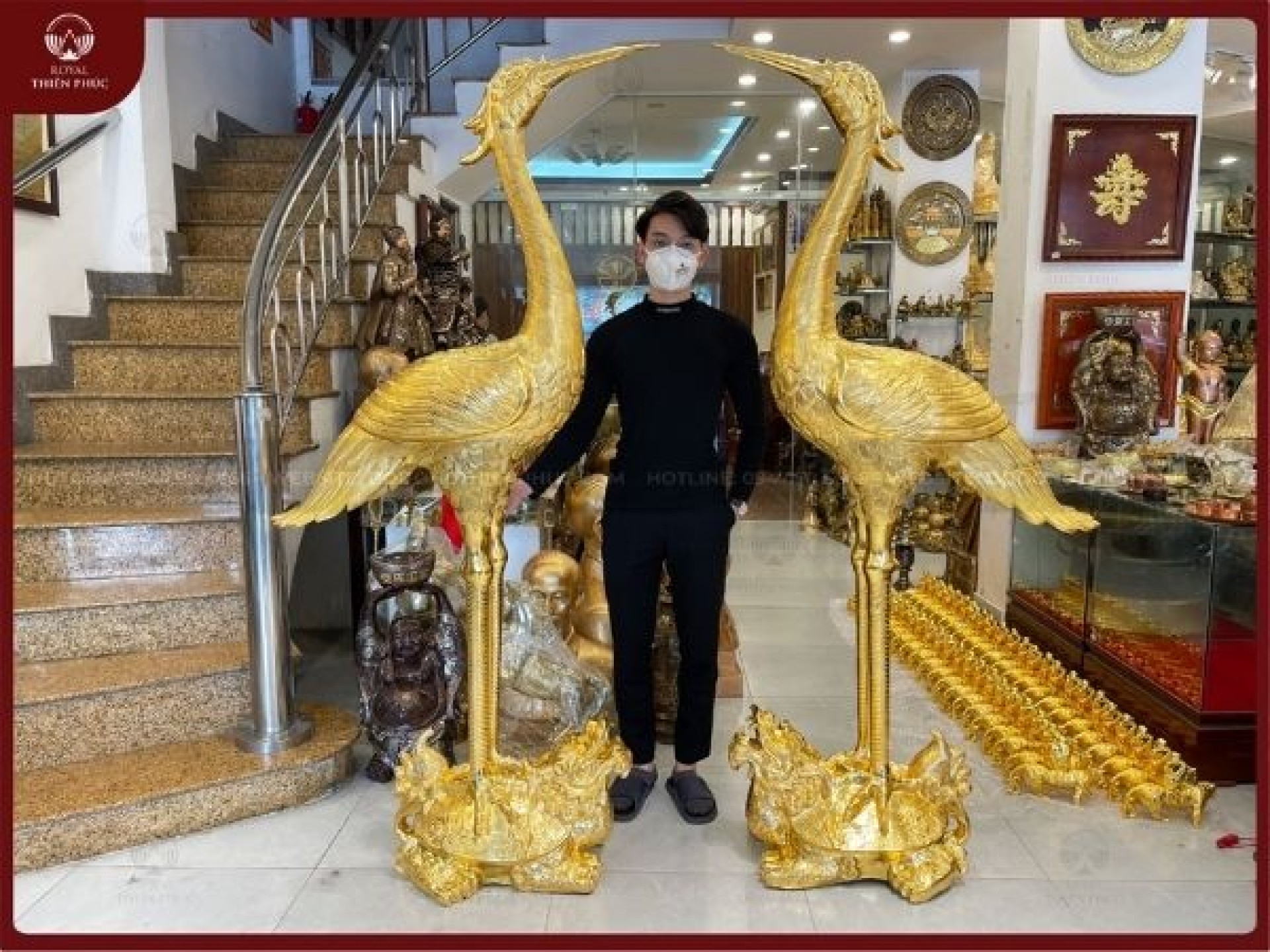 Hạc thờ đồng đỏ thếp vàng 9999 cỡ lớn 2m02