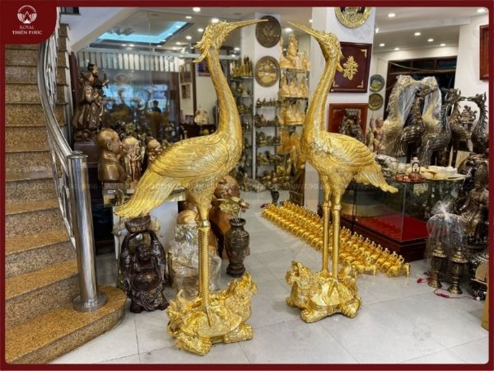 Hạc thờ đồng đỏ thếp vàng 9999 cỡ lớn 2m02