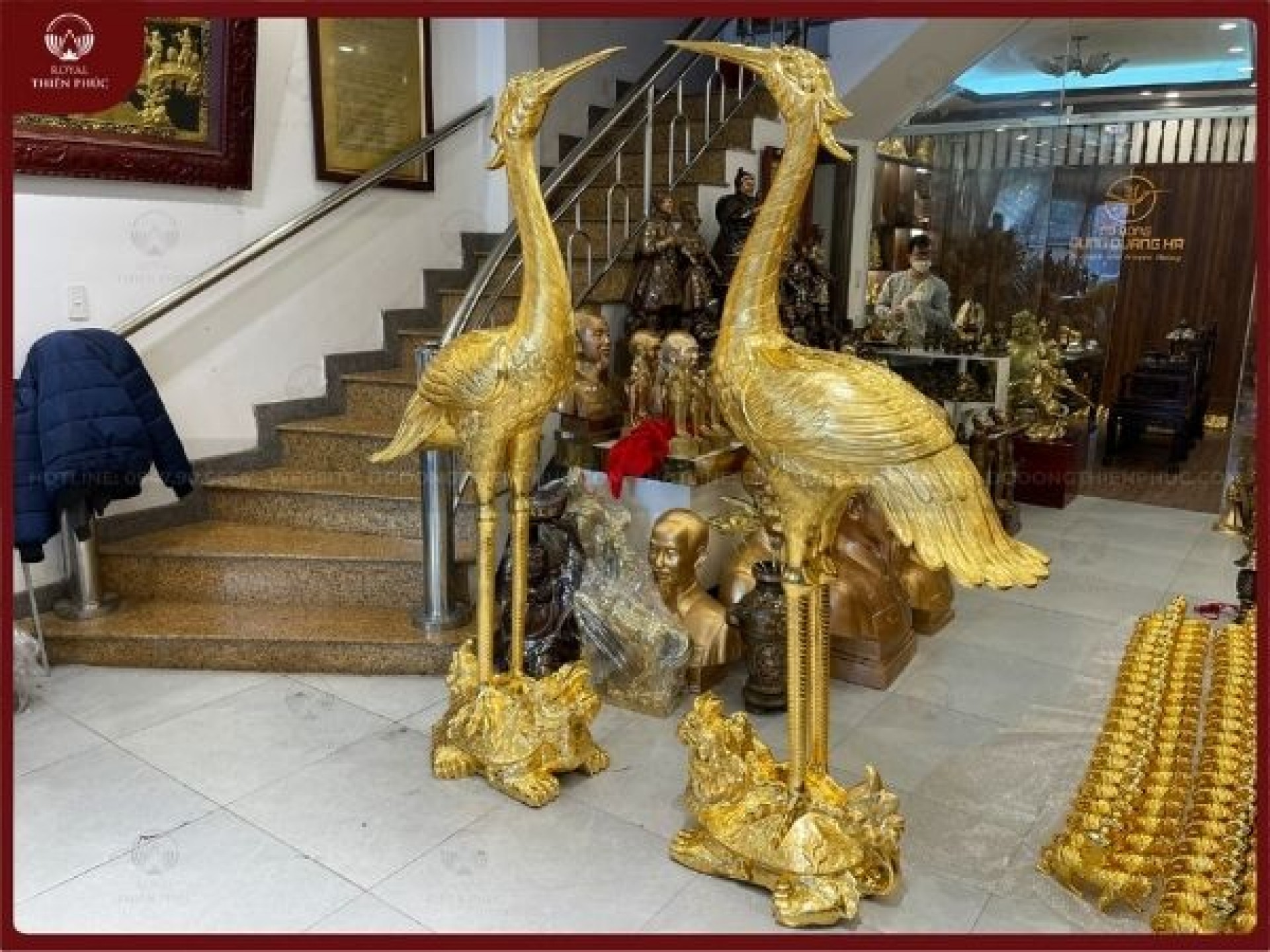 Hạc thờ đồng đỏ thếp vàng 9999 cỡ lớn 2m02