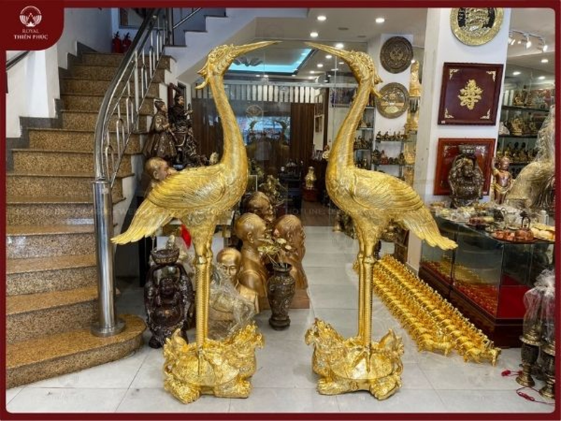 Hạc thờ đồng đỏ thếp vàng 9999 cỡ lớn 2m02