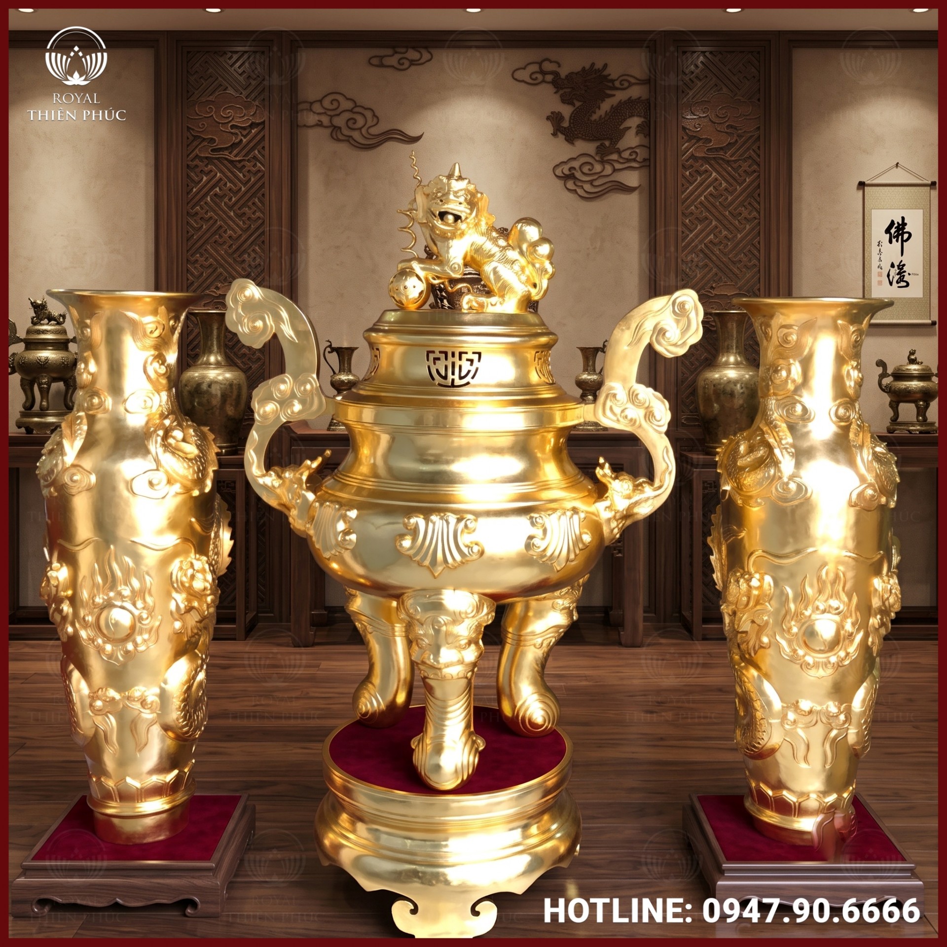Đỉnh mao rồng bằng đồng chạm hoa sòi thếp vàng 1m4