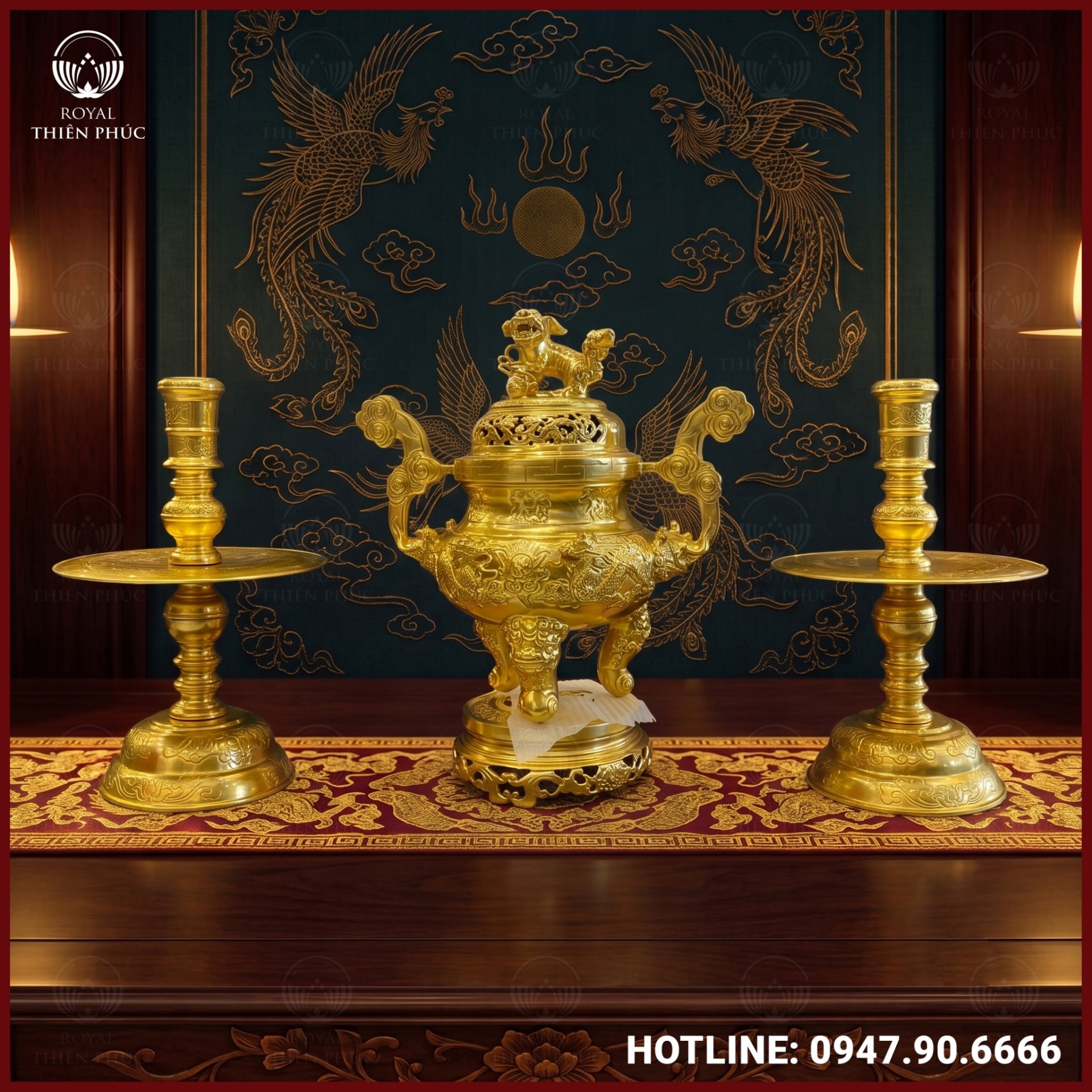 Bộ tam sự nến chạm song long dát vàng 9999