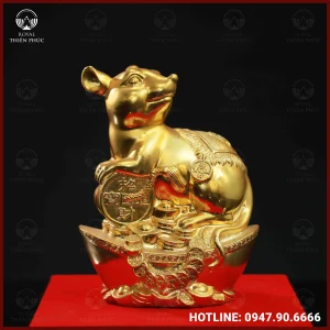 Tượng chuột ngồi trên thỏi vàng bằng đồng mạ vàng 20cm