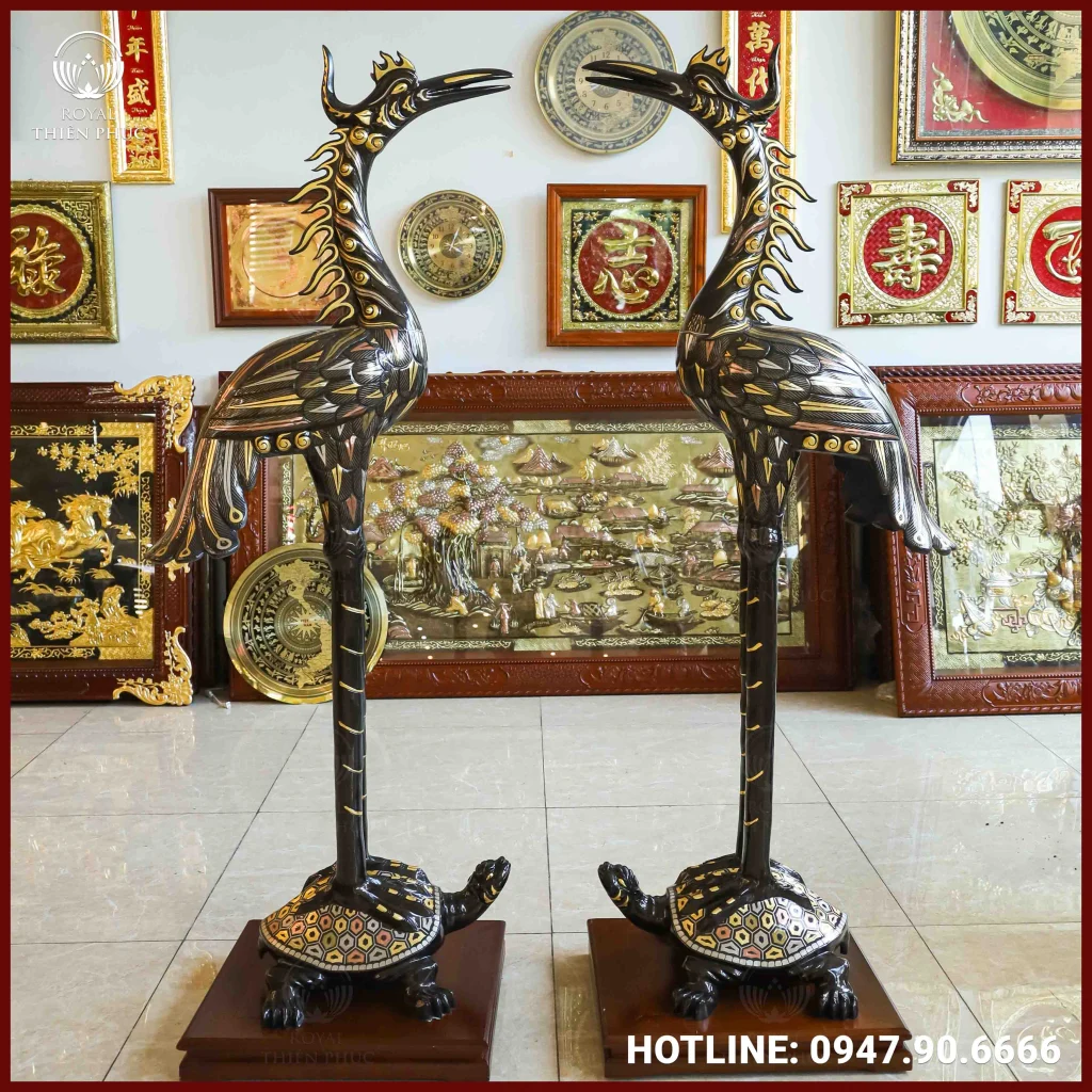 Hạc thờ bằng đồng đỏ khảm tam khí cao cấp