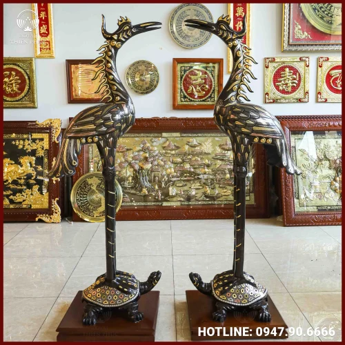 Hạc thờ bằng đồng đỏ khảm tam khí cao cấp