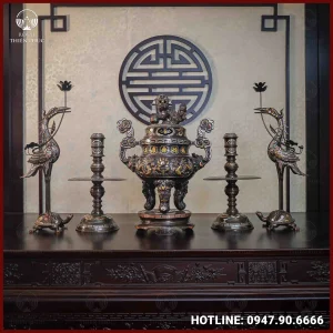Bộ ngũ sự đồng đỏ khảm ngũ sắc chạm rồng 60cm