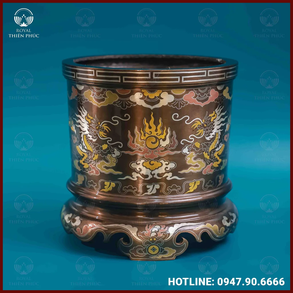 Bát hương đồng khảm ngũ sắc song long chầu nguyệt 20cm