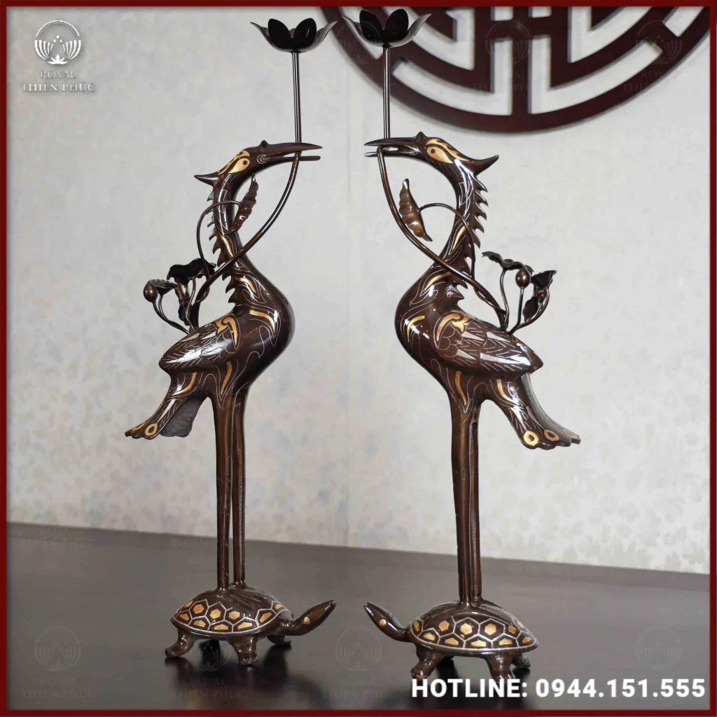 Đôi Hạc đồng đỏ tam khí dát điểm vàng 50cm