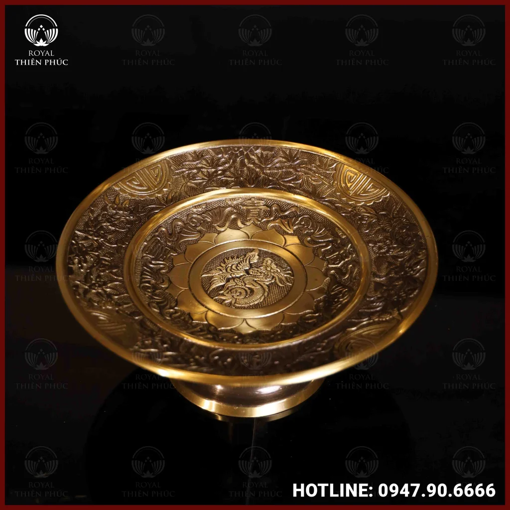 Mâm bồng đồng vàng hai công nghệ đường kính 25cm nặng 1.4kg