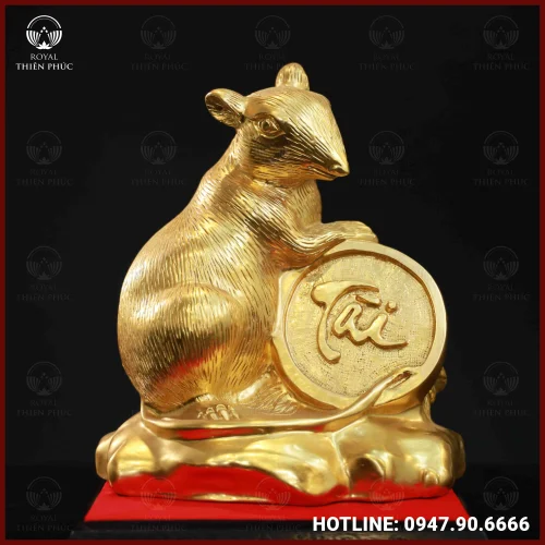 Tượng Chuột Tiền Tài đồng đỏ thếp vàng 38cm 2 Tượng Chuột Tiền Tài đồng đỏ thếp vàng 38cm
