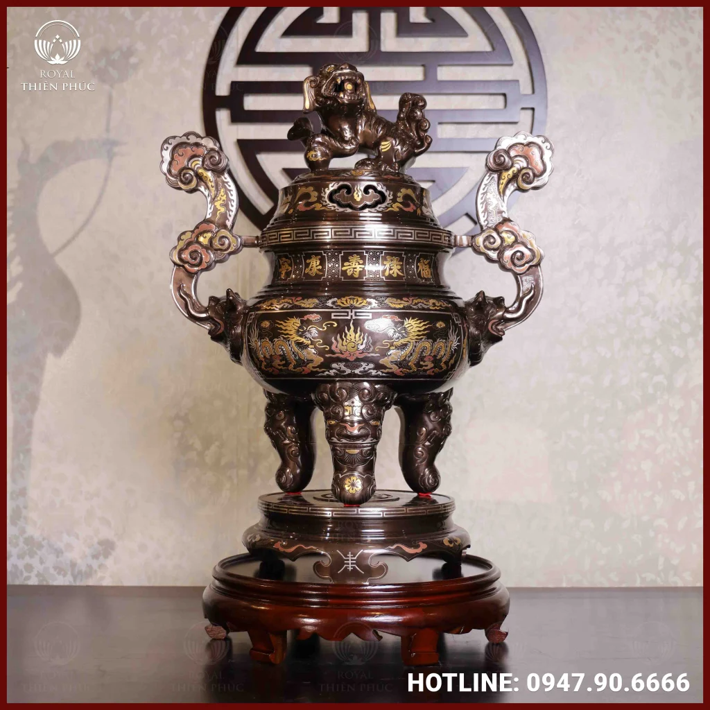 Đỉnh đồng song long chầu nguyệt đồng đỏ khảm ngũ sắc cao 60cm 1 ANH 1 of 6 6