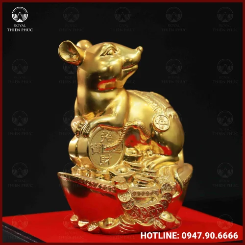 Tượng chuột ngồi trên thỏi vàng bằng đồng mạ vàng 20cm 1 Tượng chuột ngồi trên thỏi vàng bằng đồng mạ vàng 20cm