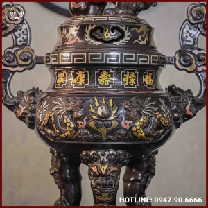 Đỉnh đồng đỏ khảm ngũ sắc chạm rồng 60cm