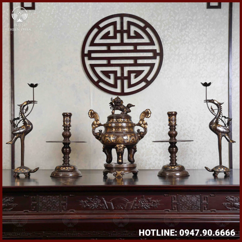Bộ ngũ sự rồng phượng tam khí dát điểm vàng 50cm