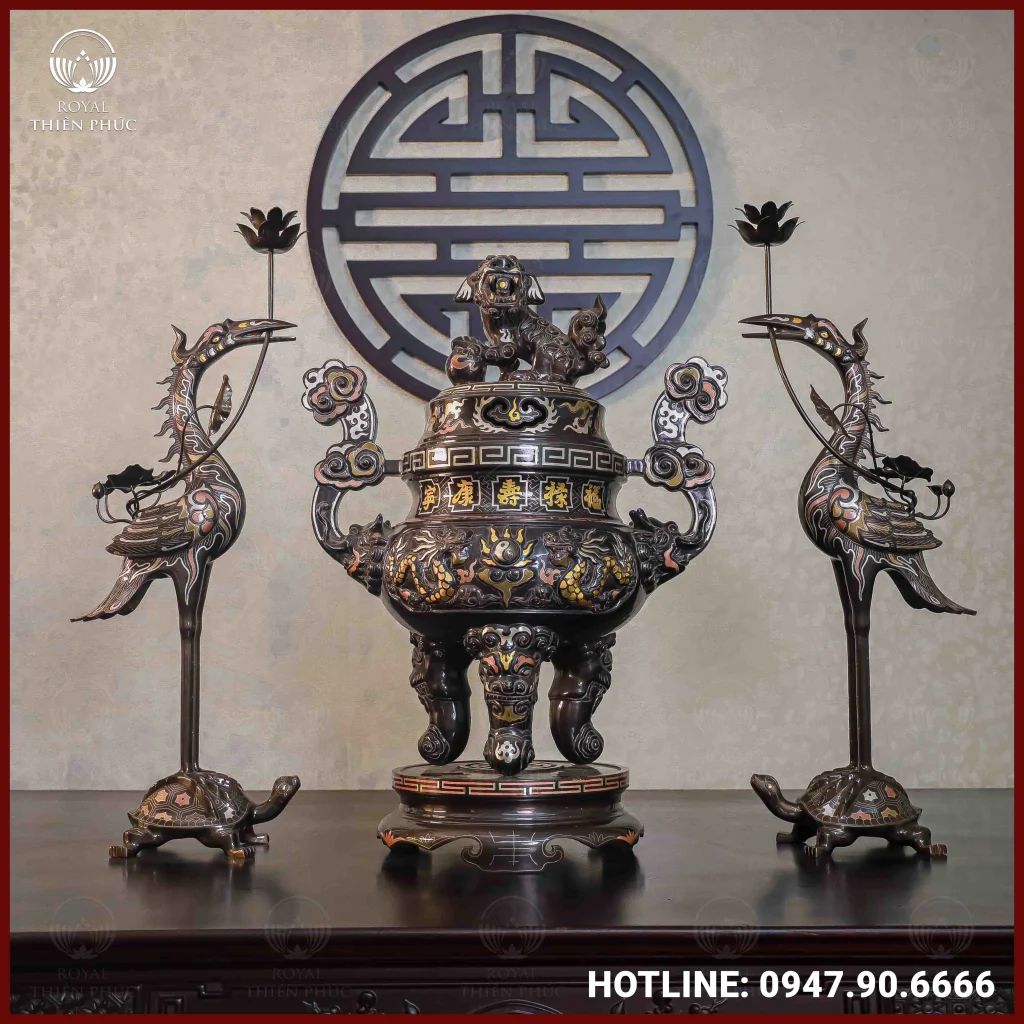 Bộ tam sự hạc đồng đỏ khảm ngũ sắc chạm rồng 60cm