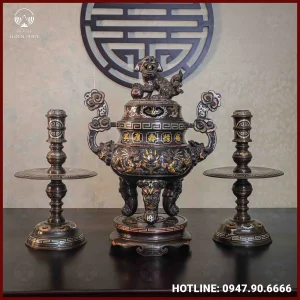 Bộ tam sự nến đồng đỏ khảm ngũ sắc chạm rồng 60cm
