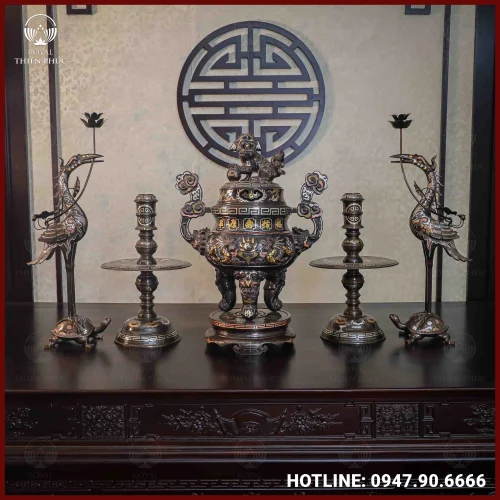 Bộ ngũ sự đồng đỏ khảm ngũ sắc chạm rồng 60cm 3 Bộ ngũ sự đồng đỏ khảm ngũ sắc chạm rồng 60cm