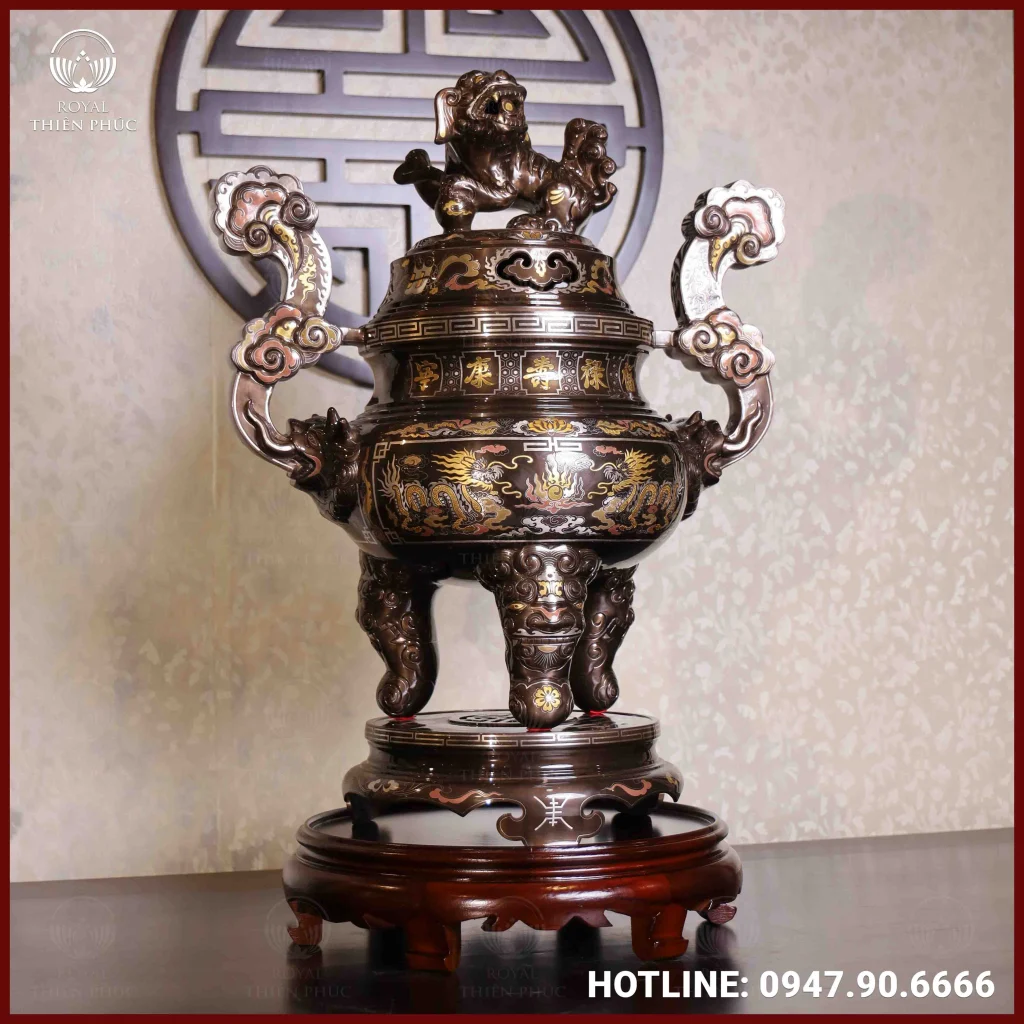 Đỉnh đồng song long chầu nguyệt đồng đỏ khảm ngũ sắc cao 60cm 2 ANH 2 of 6 7