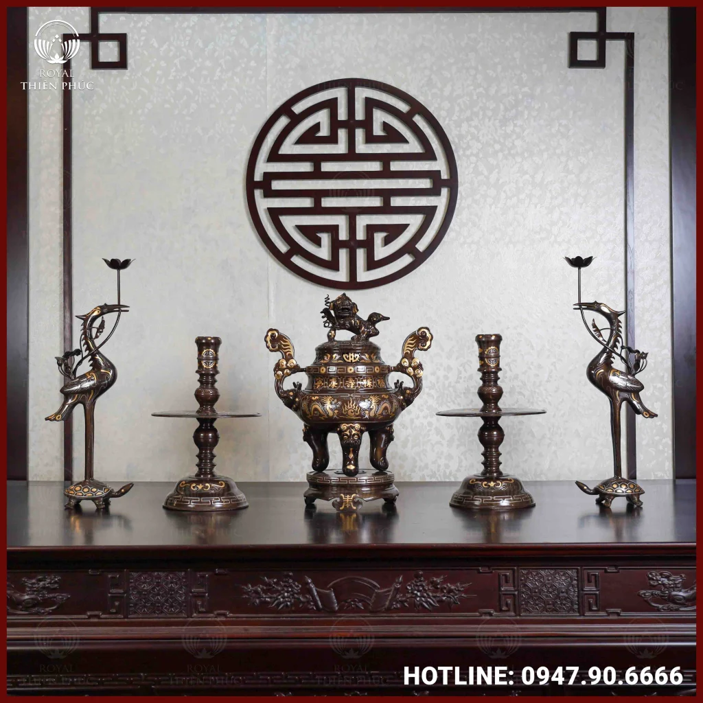 Bộ ngũ sự rồng phượng tam khí dát điểm vàng 50cm