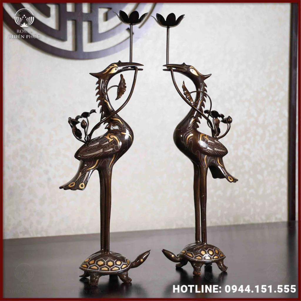 Đôi Hạc đồng đỏ tam khí dát điểm vàng 50cm