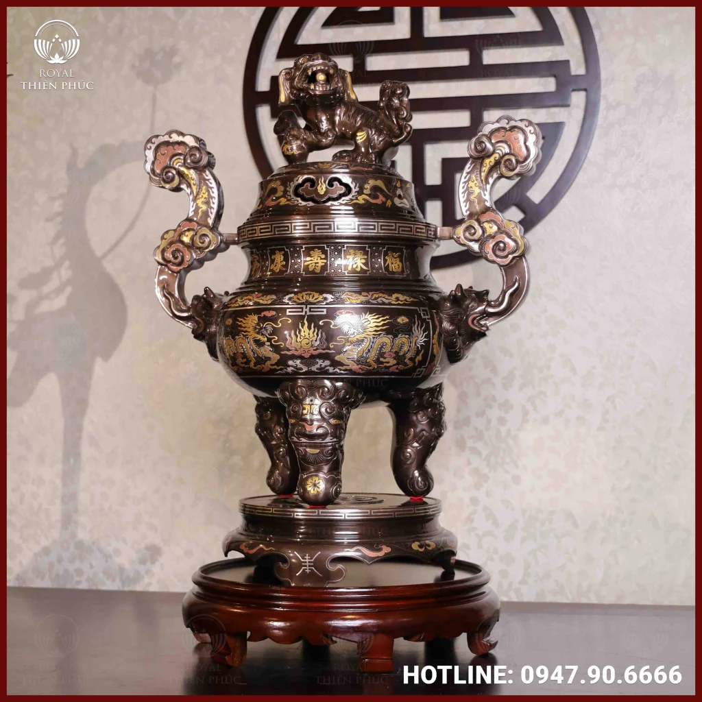 Đỉnh đồng song long chầu nguyệt đồng đỏ khảm ngũ sắc cao 60cm 3 ANH 3 of 6 7
