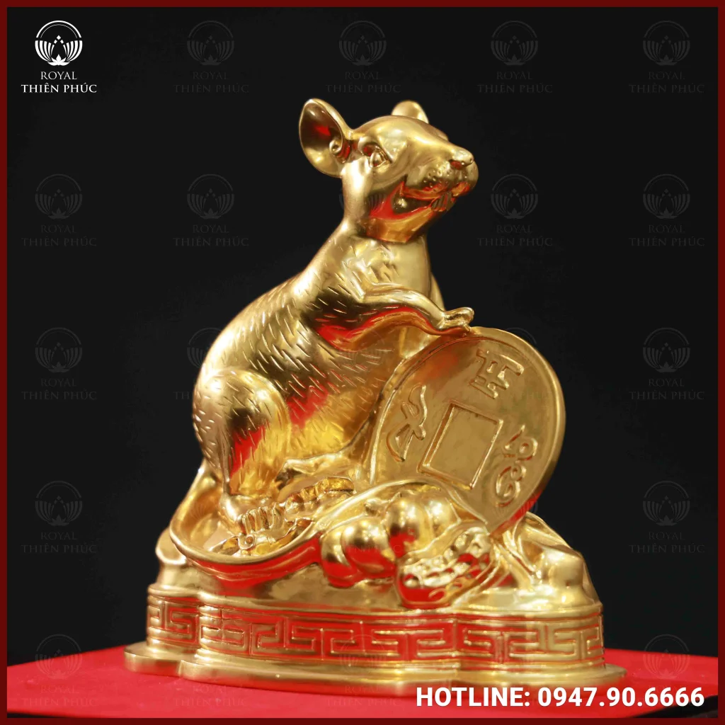 Tượng chuột bằng đồng vàng cát tút dát vàng 18cm x 15cm