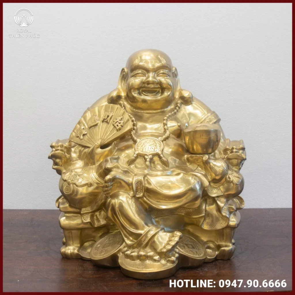 Tượng Phật Di Lặc cầm quạt như ý bằng đồng catut