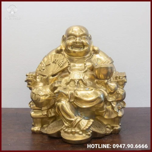 Tượng Phật Di Lặc cầm quạt như ý bằng đồng catut