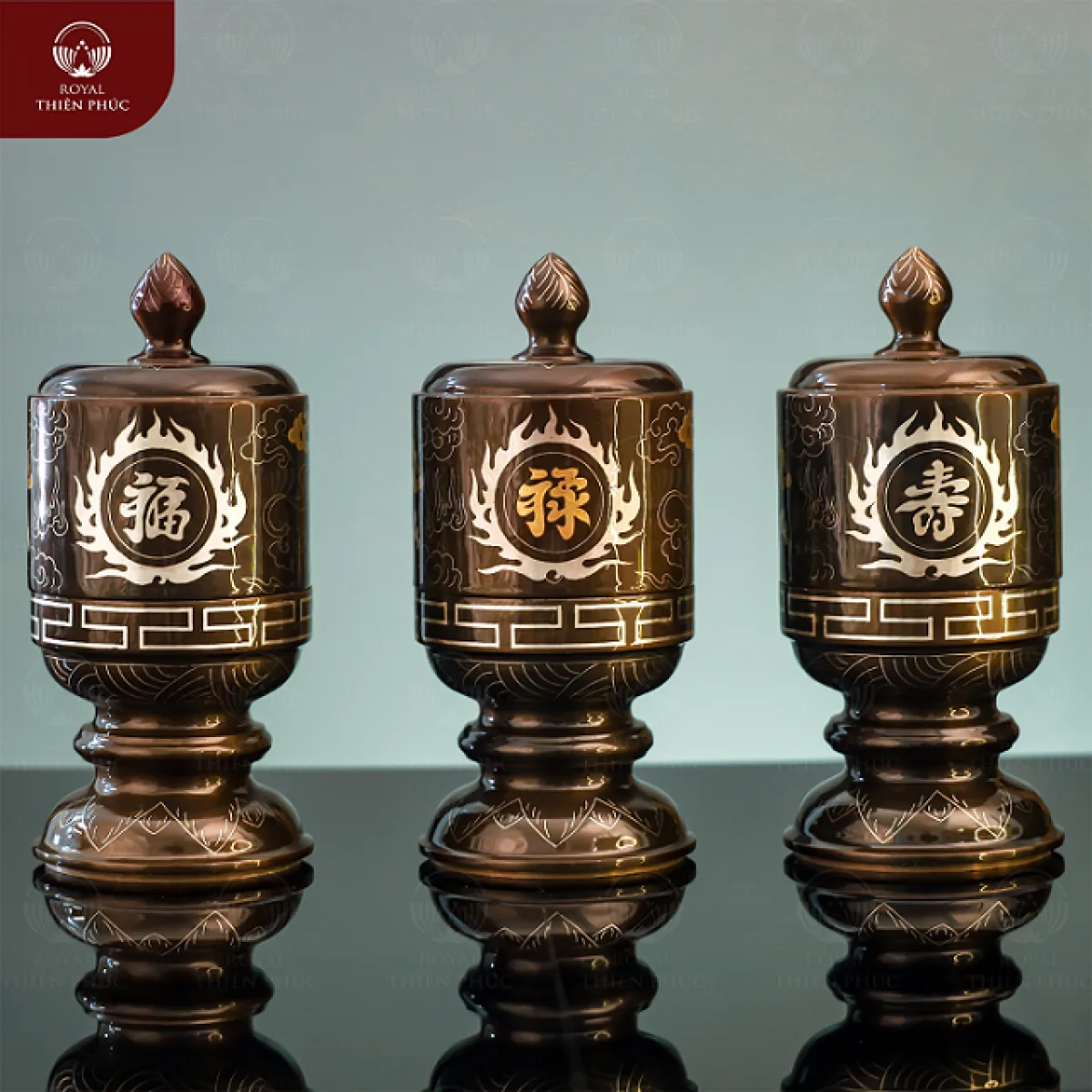 Bộ ba đài thờ Phúc Lộc Thọ bằng đồng khảm ngũ sắc 3 Bộ ba đài thờ Phúc Lộc Thọ bằng đồng khảm ngũ sắc