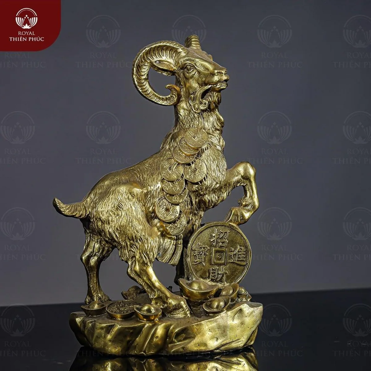 Tượng con dê ngậm dải tiền bằng đồng vàng cao 27cm 1 Tượng con dê ngậm dải tiền bằng đồng vàng cao 27cm