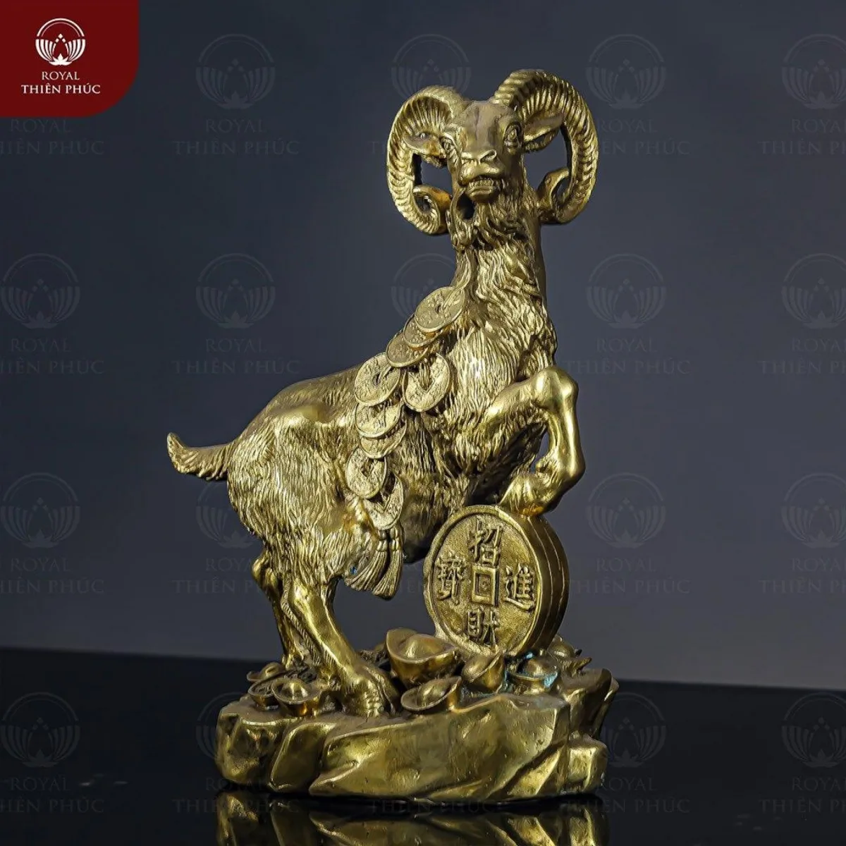 Tượng con dê ngậm dải tiền bằng đồng vàng cao 27cm 4 Tượng con dê ngậm dải tiền bằng đồng vàng cao 27cm